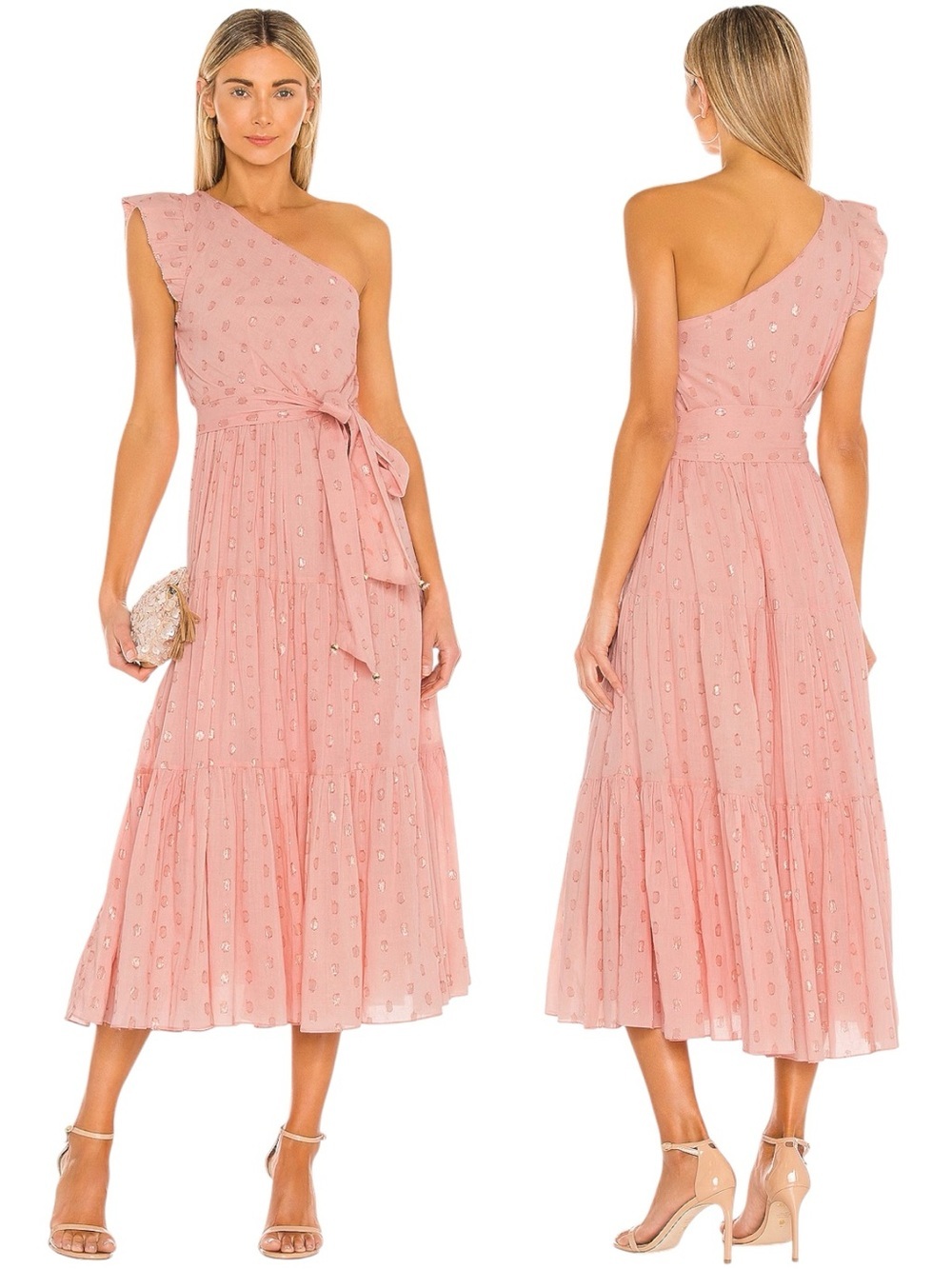 Karina Grimaldi Pauline Dot Dress Blush One Shoulder Midi Size Large